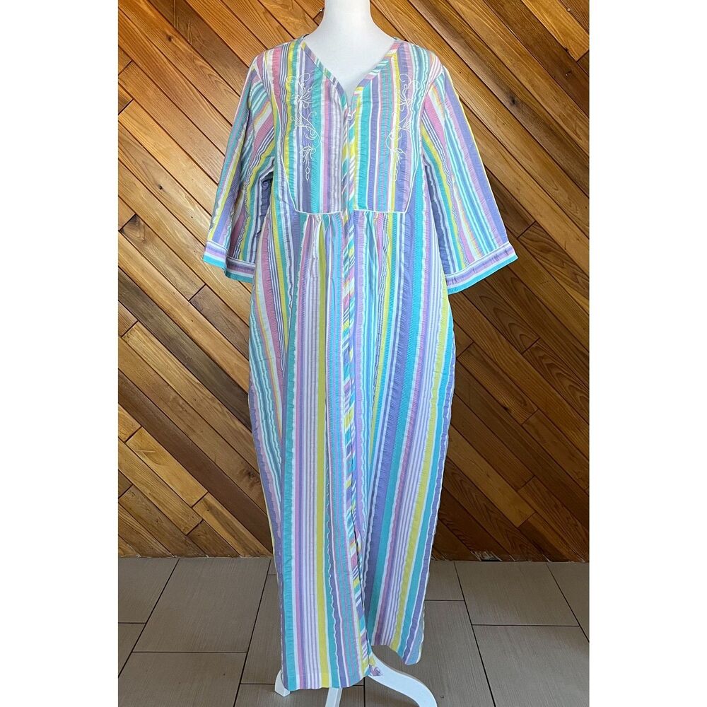 Vintage Cotton Seersucker Striped Pastel Nightgown